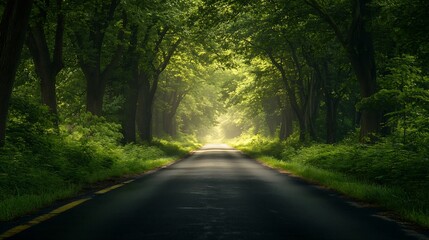 Obraz premium Road surrounded by green trees : Generative AI