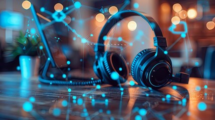 Black Headphones on Wooden Table with Blue Network Overlay