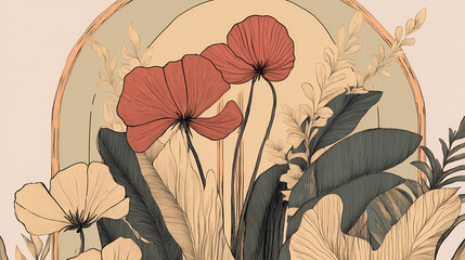 Boho chic meets retro elegance of an art deco poster in muted earth tones, adorned with flowers and leaves in a simple line drawing. Art Deco. Illustration