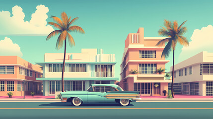 Obraz premium Buildings in miami beach, florida, art deco area with a vintage car. generative ai. Art Deco. Illustration