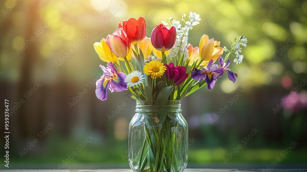 Sticker A vibrant display of colorful tulips, irises, and daisies fills a glass jar, basking in sunlight that brightens the garden atmosphere. Generative AI