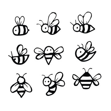 cute honey bee doodle set vector illustration