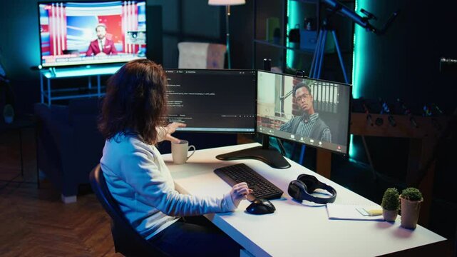 Software engineer teacher doing online tutoring, talking with student in online videocall about ways to do debugging. IT master teaching apprentice in webinar how to write code, camera B
