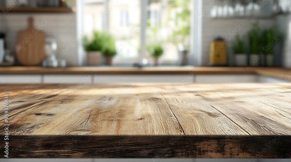 Poster kitchen table background wood counter top on blur of white clean abstract home interior with bokeh u