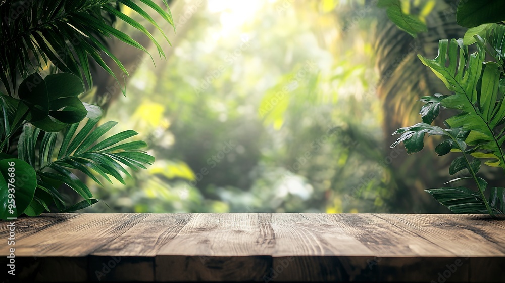 Poster Wood tabletop podium floor in outdoors tropical garden forest blurred green leaf plant nature background.Natural product placement pedestal stand display,jungle paradise concept 