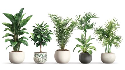 Green tropical home plants in pots on white background 