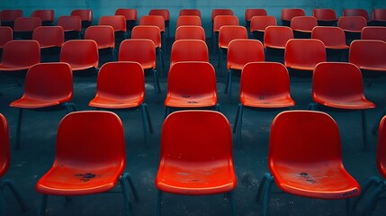 Naklejka premium Empty seats in the stands of the arena or auditorium Rows of red and white stadium seats without spectators The concept of the abolition of sports and mass entertainment events : Generative AI