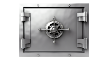 Metallic a solid steel bank Vault Door isolated on transparent white background, clipping path
