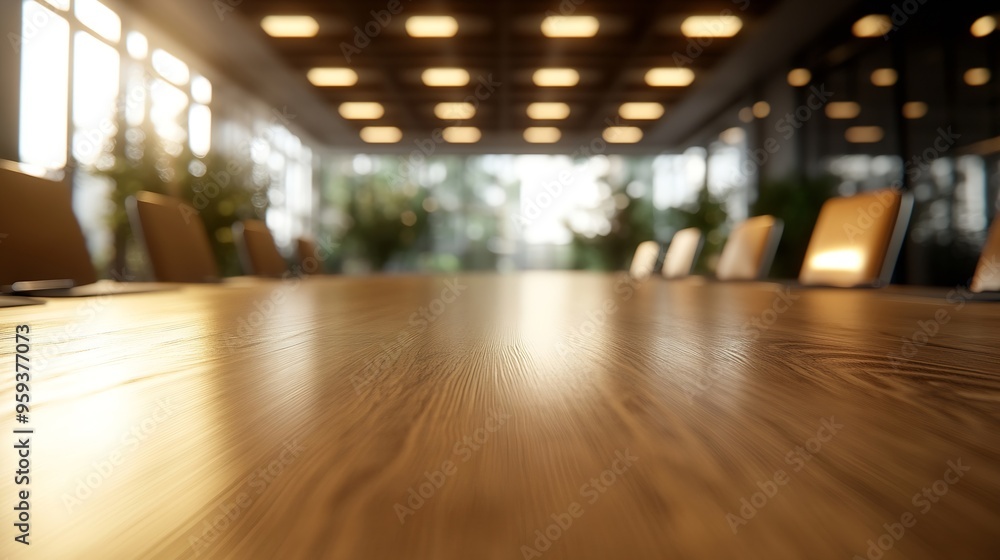 Leinwandbilder tabletop view on empty spacious meeting table for product display on blurred conference room backgro