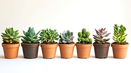 Fototapeta premium Array of succulent plants in pots isolated on white background