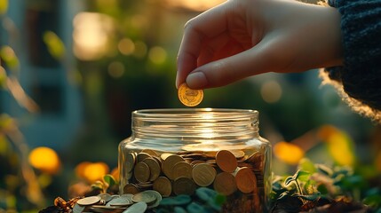 charity savings and fundraising concept close up of hand putting coin into donation box : Generative AI
