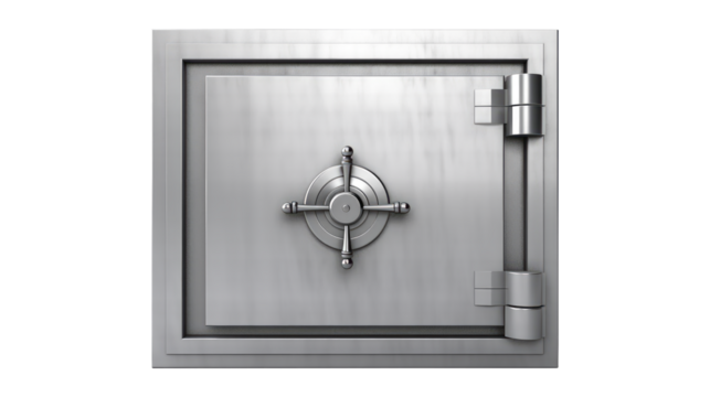 Metallic a solid steel bank Vault Door isolated on transparent white background, clipping path