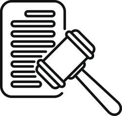 Line art vector icon of a judge's gavel striking a document, symbolizing a legal decision or verdict