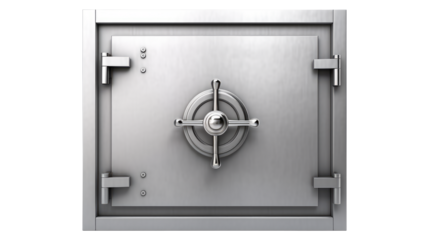 Metallic a solid steel bank Vault Door isolated on transparent white background, clipping path