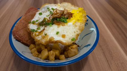 Close-up view of the rice with luncheon meat with fried egg, onion and lard residue.