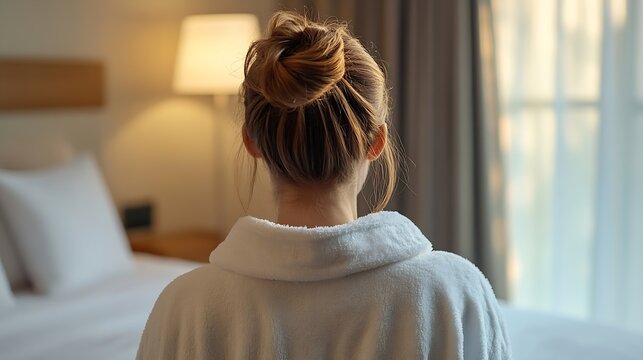 Young woman wearing bathrobe waking up in hotel room back view : Generative AI