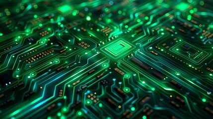 Obraz premium A Close-Up of a Glowing Green Circuit Board with a Central Chip