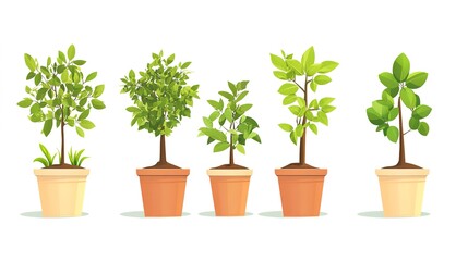 Obraz premium reforestation set of young trees trunks in pots, afforestation set of green plants in flowerpots, gardening and botany concept 