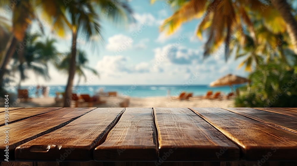 Poster empty summer holidays background horizontal travel banner for advertising product wooden table top i