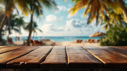 Empty summer holidays background Horizontal travel banner for advertising product Wooden table top in front blurred paradise vacation Panoramic empty bar counter in focus : Generative AI