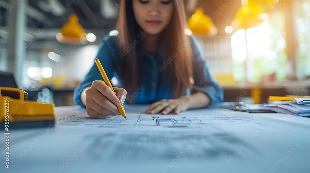 Poster diverse engineer team working at the office table with construction plans and architect equipment an