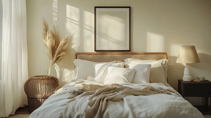 Warm bedroom interior with mock up poster frame cozy bed beige bedding stylish lamp round box black rack wall with stucco rattan armchair and personal accessories Home decor Template : Generative AI