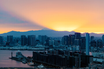 Fototapeta premium View of Mount Fuji from Tokyo, Japan at sunset with rare Mountain Shadow