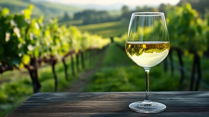 Closeup of a glass of white wine on a wooden table with green vineyards in the background Wine tasting rating and savoring : Generative AI