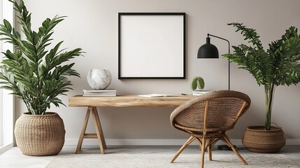 Cozy composition of workplace interior space with mock up poster frame wooden desk rattan chair black lamp books patterned carpet marble bowl and personal accessories Home decor Templa : Generative AI