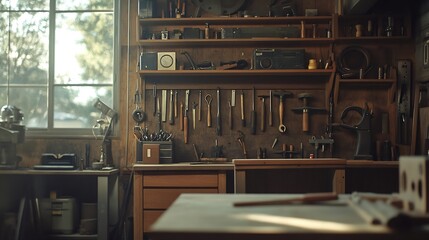 Workshop scene Old tools hanging on wall in workshop Tool shelf against a table and wall vintage garage style : Generative AI