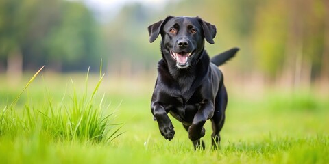 Playful black labrador retriever dog running in a grassy field, dog, black labrador, retriever, pet, animal, playful, running