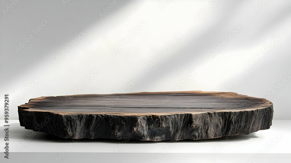 Poster wooden tree stump slice isolated on white background with copy space.