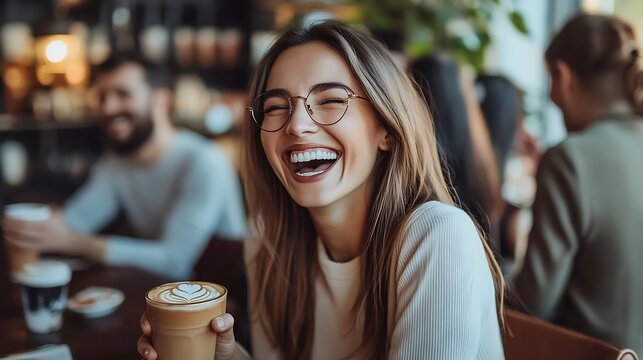 Business people happy and coffee break with laughing together for comedy joke collaboration and relax in office Employees men and woman with espresso drinks funny conversation and goss : Generative AI