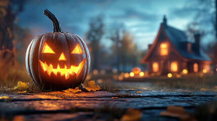 A carved pumpkin with a glowing face sits on a pathway, with a spooky, lit cottage in the background.