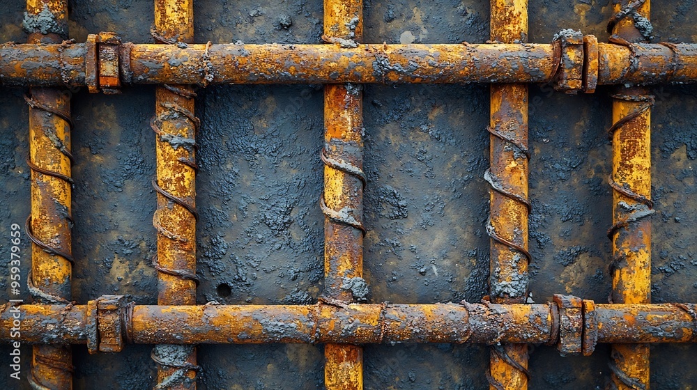 Aufkleber iron frame for foundation floor building site top view closeup reinforced concrete structures knitti