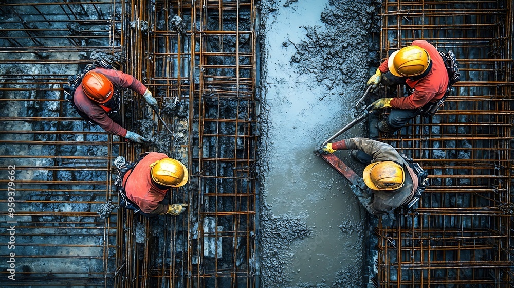 Poster Builders workers at a house construction site are installing prepare formwork reinforcement for pouring concrete Process of work on a construction site Work at height : Generative AI