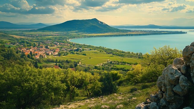 Badacsony Hill and Gulcs Hill in the spring Badacsony wine region with the Lake Balaton in the background from Tti Hill : Generative AI