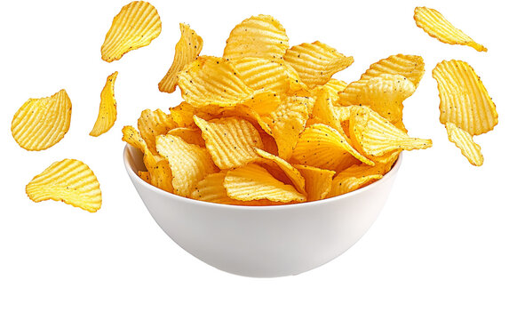 Ridged potato chips in bowl isolated on white background