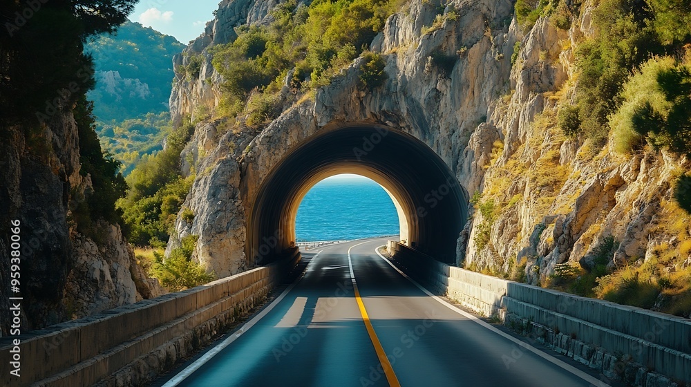 Poster Highway with cliffs and tunnels : Generative AI