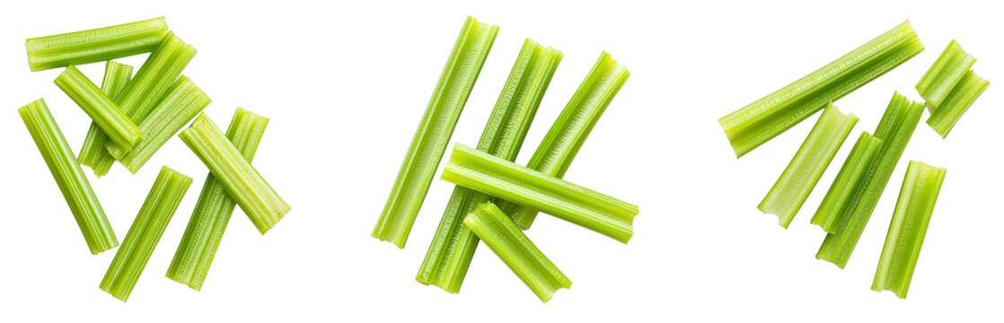 chopped celery stalks on isolated white background, top view