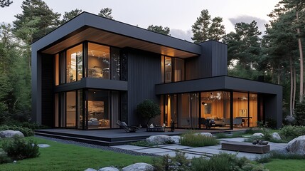 Fototapeta premium Luxury new private house Scandinavian style Grey and wooden exterior Contemporary black metal cladding facade : Generative AI