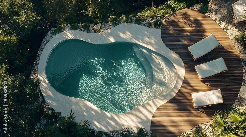 Poster aerial view of a swimming pool with wavy and curved shapes around the pool there is wooden flooring 