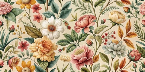Vintage botanical pattern with muted colors depicting various flowers and leaves , seamless, background, floral