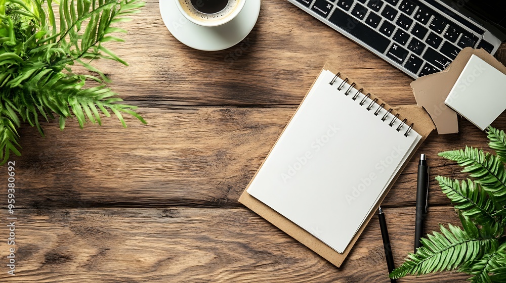 Poster work from home desk office with laptop blank notepad coffee cup and pen on wood table flat lay top v