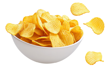 Ridged potato chips in bowl isolated on white background