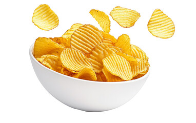 Ridged potato chips in bowl isolated on white background