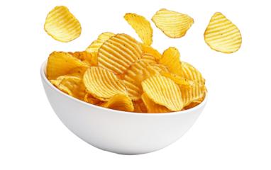 Ridged potato chips in bowl isolated on white background