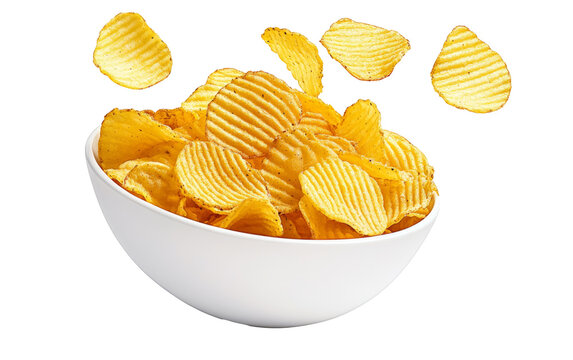 Ridged potato chips in bowl isolated on white background - Powered by Adobe