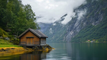 Fototapeta premium Wood hut along the fjord More og Romsdal county Norway : Generative AI