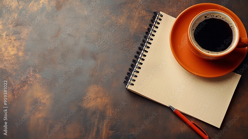 Aufkleber Overhead above close up flat lay view photo of laptop notebook with cup of coffee notice paper pen isolated brown light table with blank empty space : Generative AI